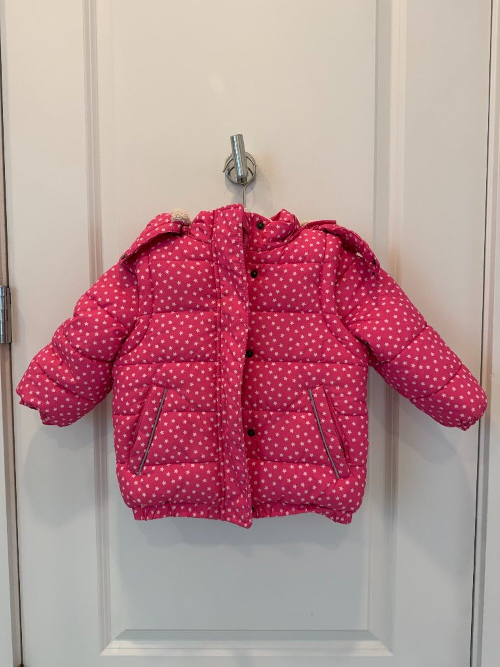 Mini Boden Kids Sherpa Lined Pink Star Puffer Jacket